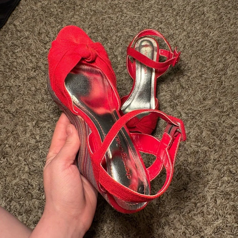 Adorable Charming Charlies Red Peep-Toe Wedge